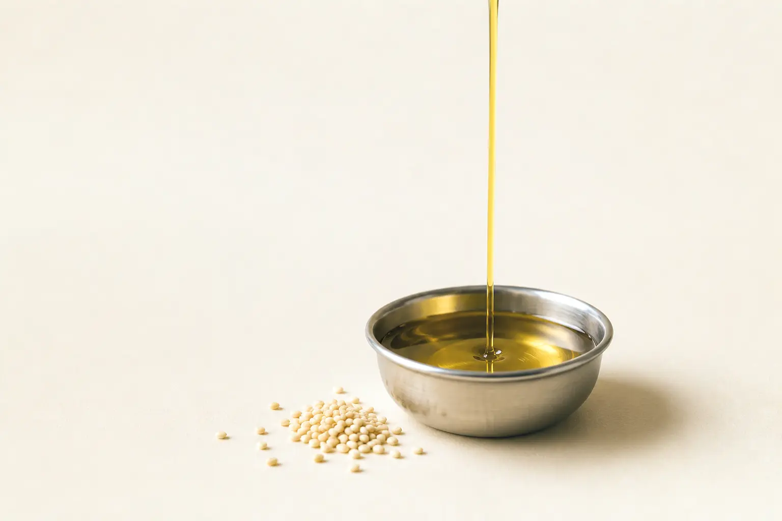 A thin stream of fresh oil falling into a steel vessel beside safflower seeds