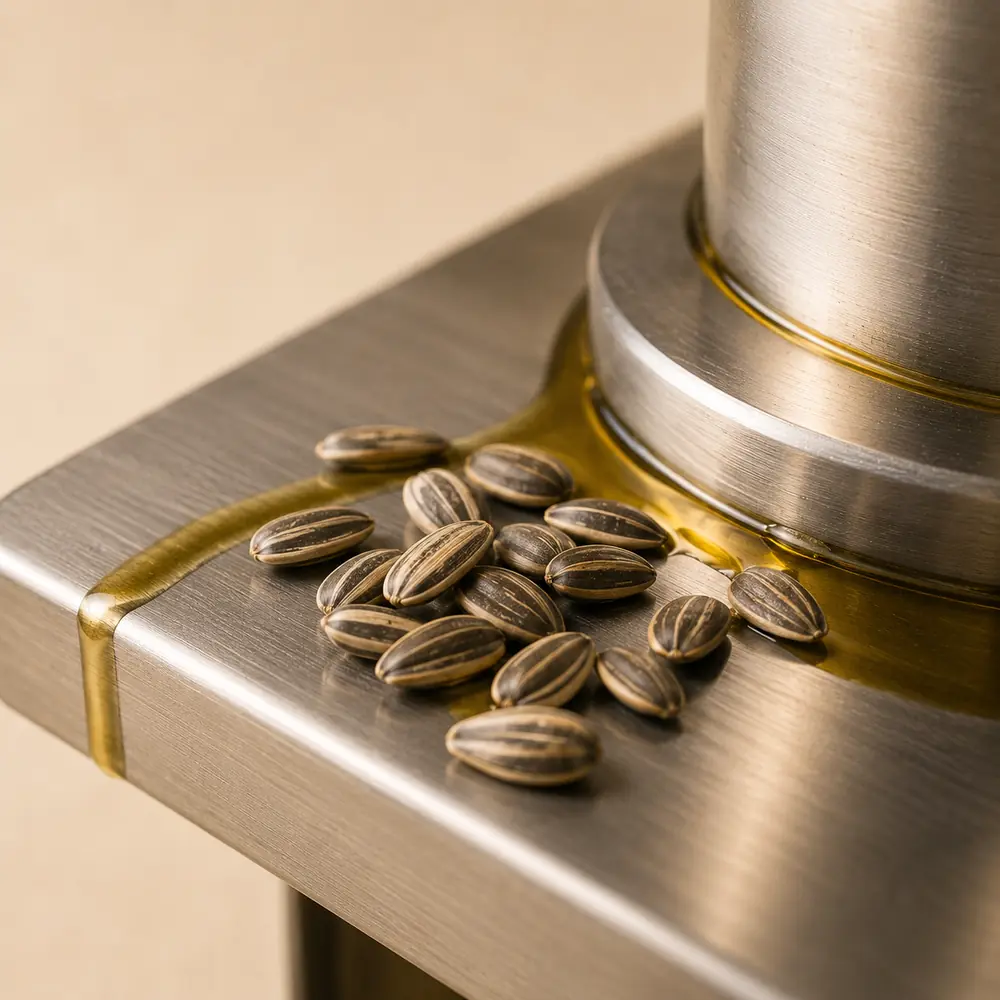Sunflower seeds resting on the steel of a cold press, with a sheen of oil