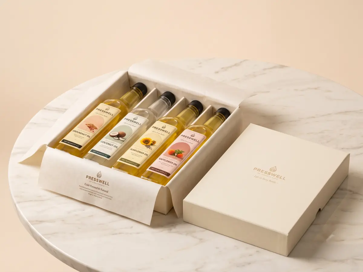 The Presswell box, lid off, holding the four bottles of oil